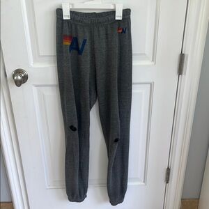 Distressed Aviator Nation Gray Sweatpants with Rainbow Logo